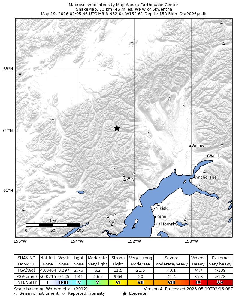 USGS ShakeMap intensity contours for the M3.8 earthquake near 63 km W of Skwentna, Alaska