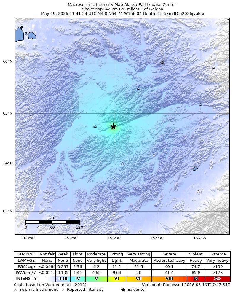 USGS ShakeMap intensity contours for the M4.8 earthquake near 26 km W of Ruby, Alaska