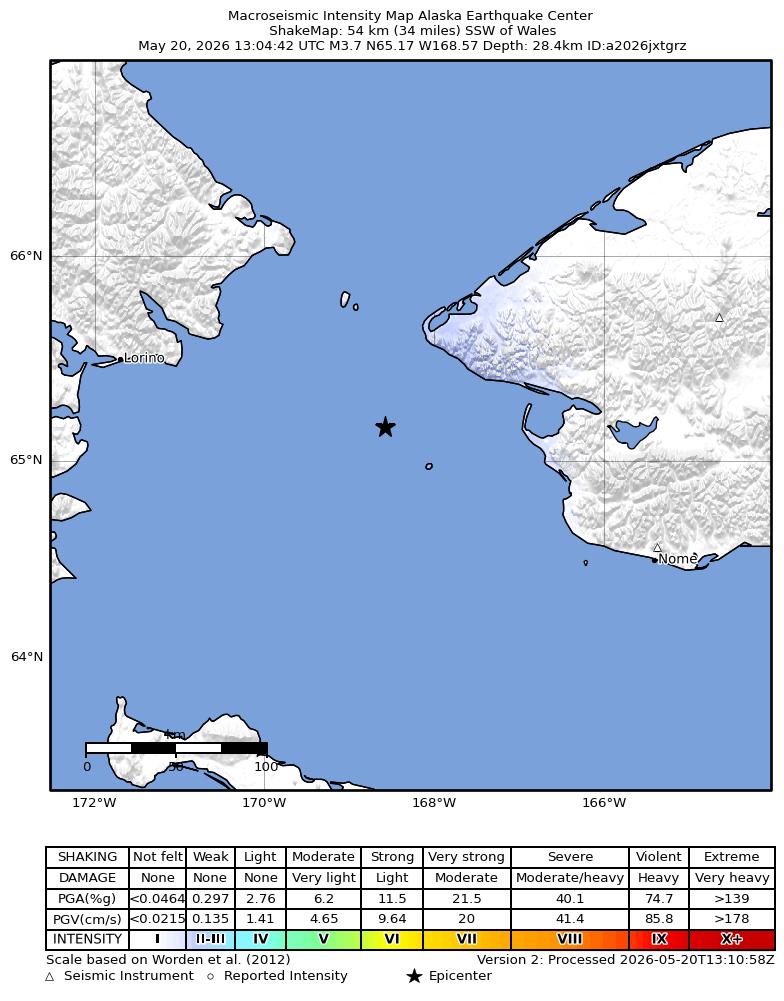 USGS ShakeMap intensity contours for the M3.7 earthquake near 53 km SSW of Wales, Alaska