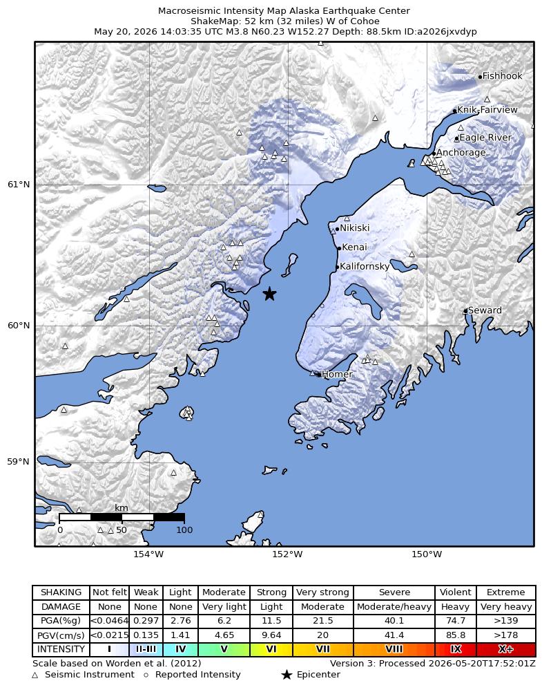 USGS ShakeMap intensity contours for the M3.8 earthquake near 38 km WNW of Ninilchik, Alaska