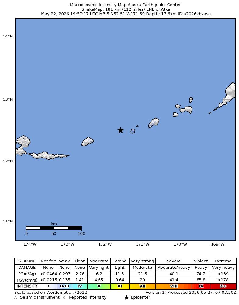 USGS ShakeMap intensity contours for the M3.5 earthquake near 181 km E of Atka, Alaska