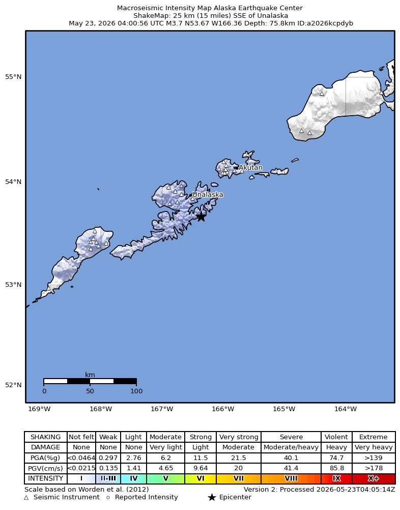 USGS ShakeMap intensity contours for the M3.6 earthquake near 26 km SSE of Unalaska, Alaska