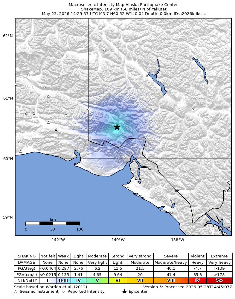 USGS ShakeMap intensity contours for the M3.7 earthquake near 110 km N of Yakutat, Alaska