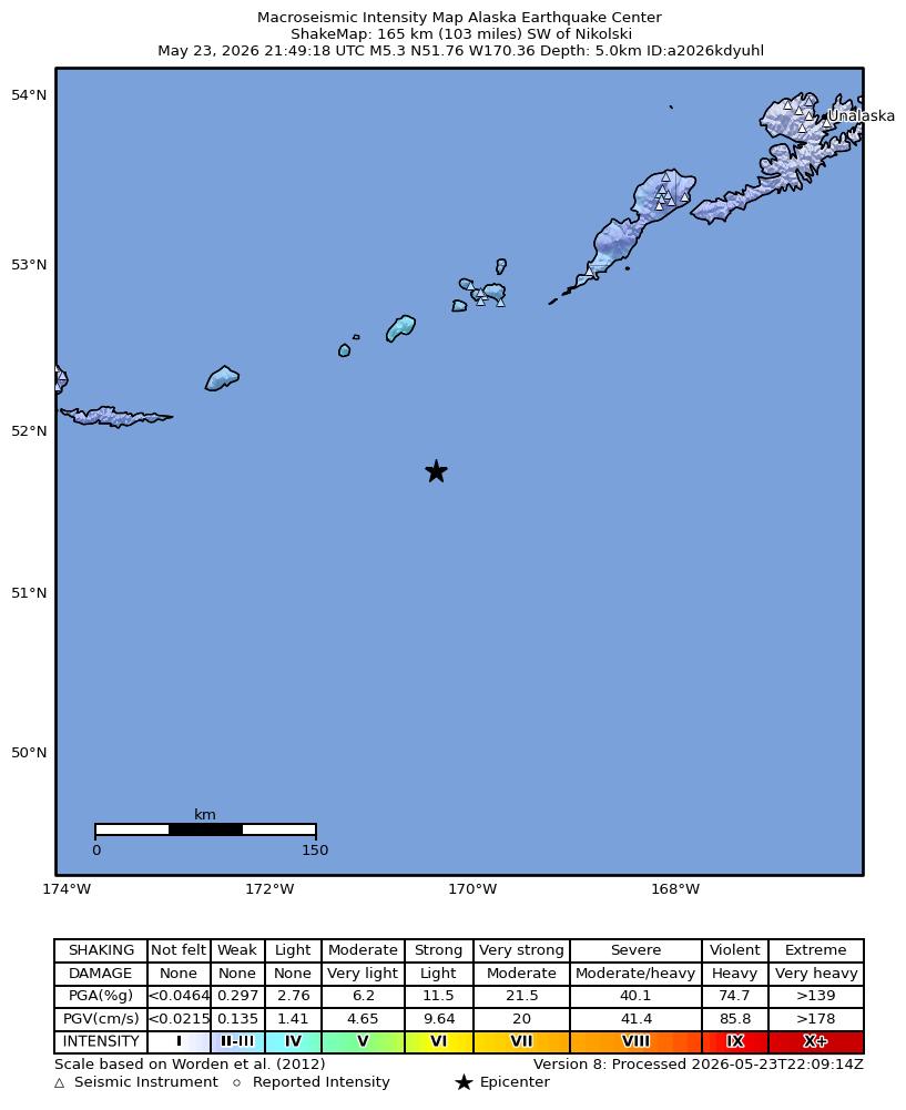 USGS ShakeMap intensity contours for the M5.3 earthquake near 168 km SW of Nikolski, Alaska