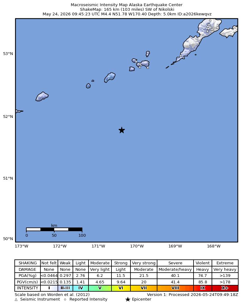 USGS ShakeMap intensity contours for the M4.5 earthquake near 162 km SW of Nikolski, Alaska