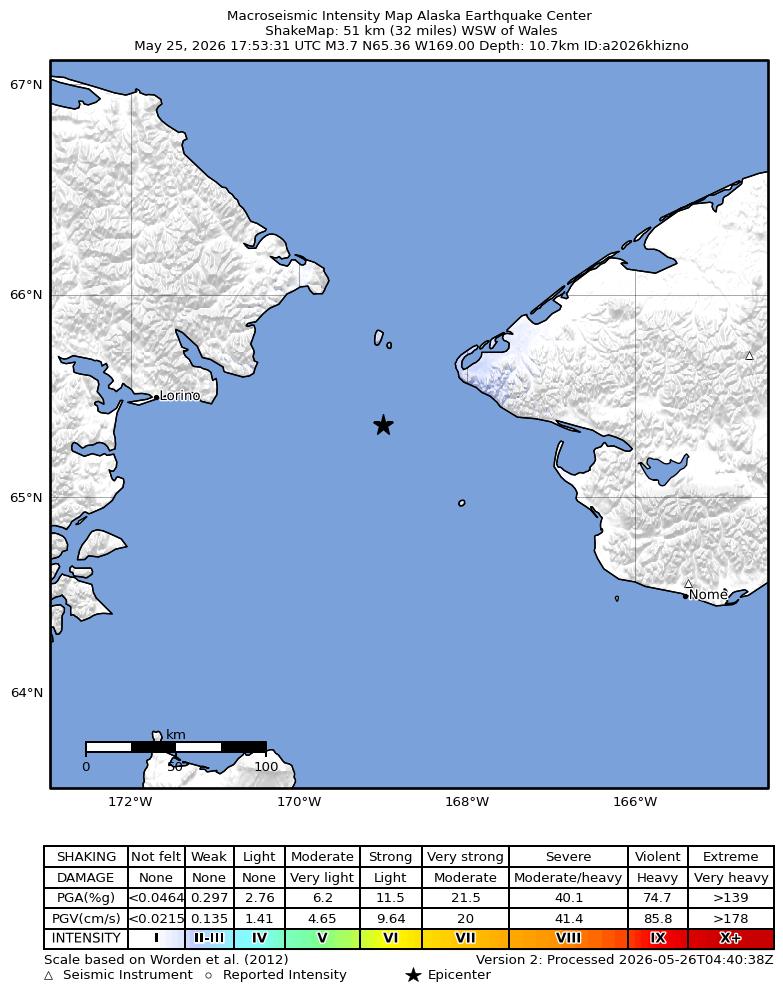 USGS ShakeMap intensity contours for the M3.7 earthquake near 44 km S of Diomede, Alaska