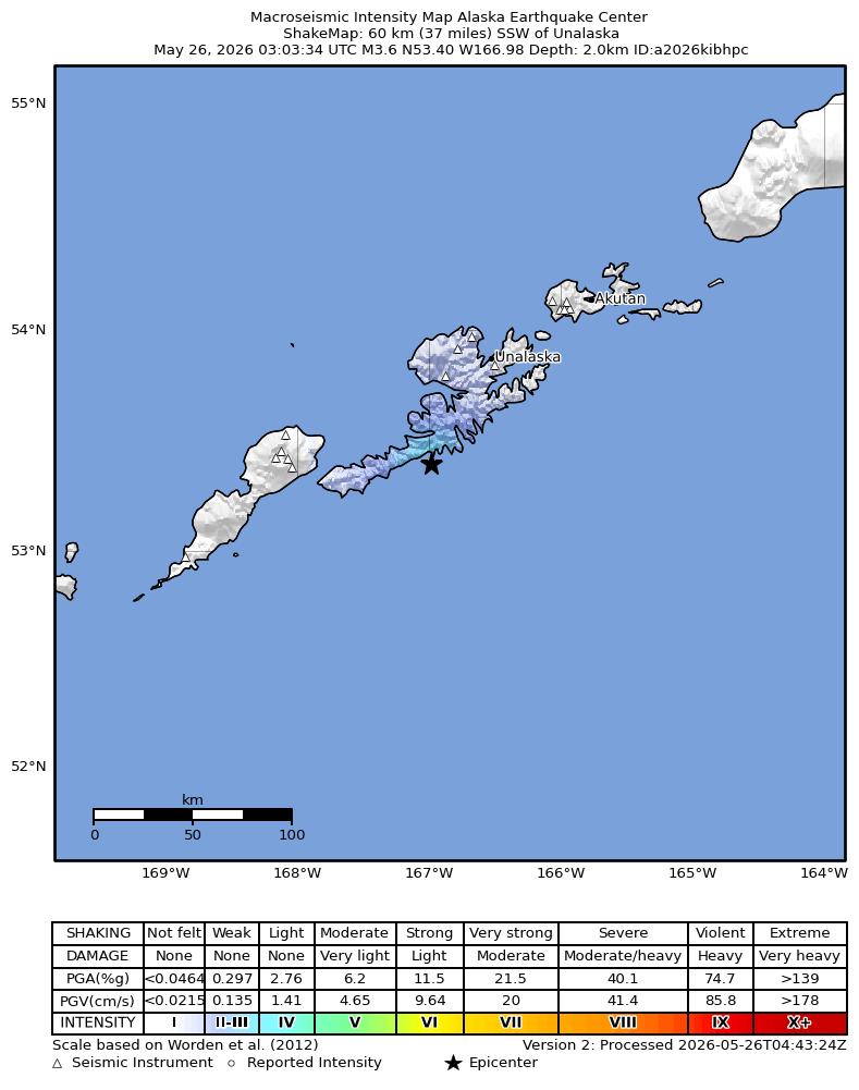 USGS ShakeMap intensity contours for the M3.6 earthquake near 60 km SSW of Unalaska, Alaska