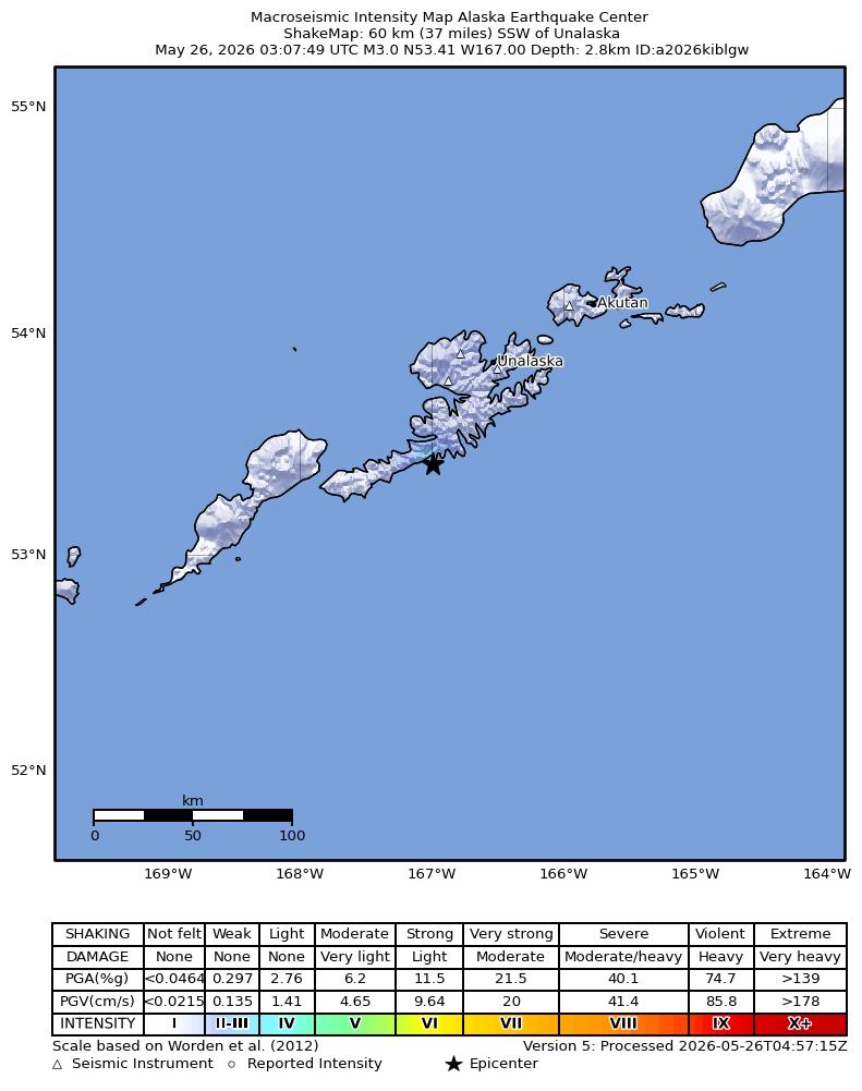 USGS ShakeMap intensity contours for the M3.0 earthquake near 59 km SSW of Unalaska, Alaska