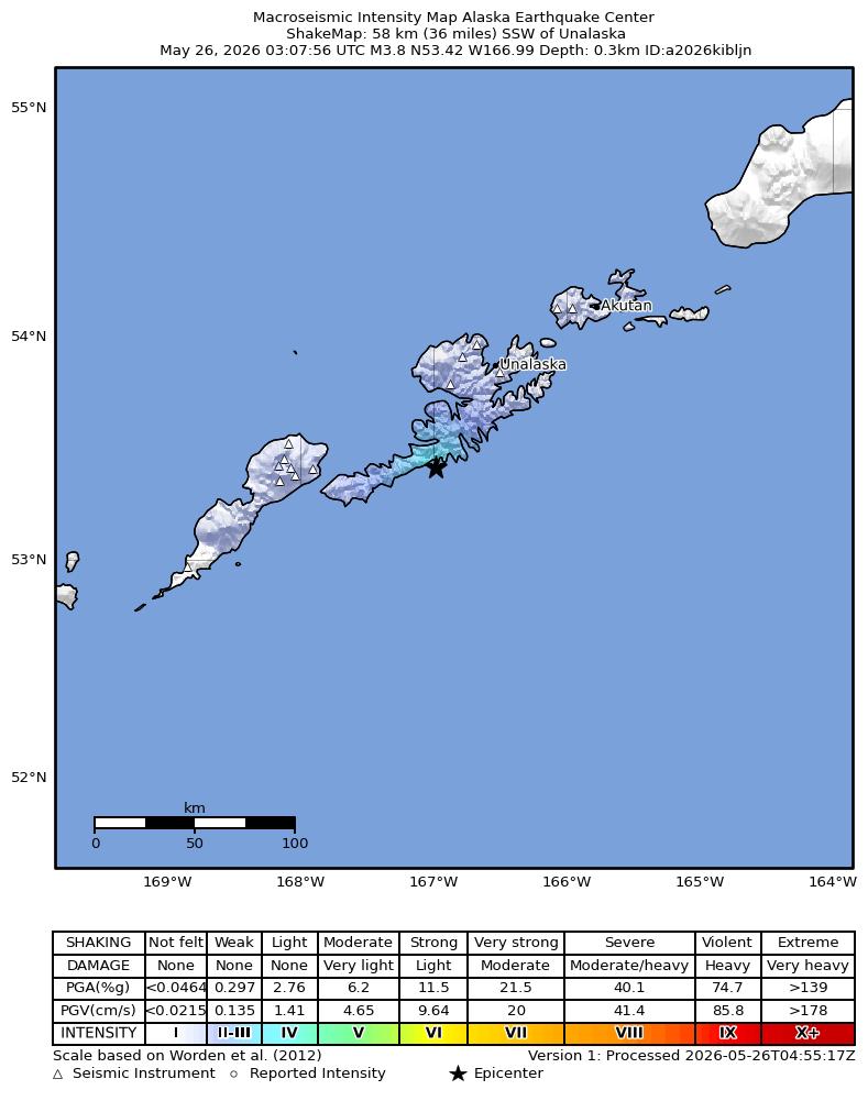 USGS ShakeMap intensity contours for the M3.8 earthquake near 58 km SSW of Unalaska, Alaska