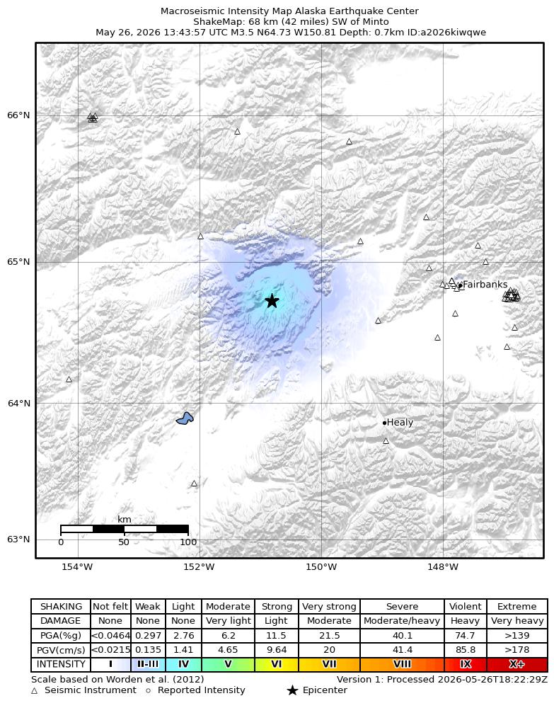 USGS ShakeMap intensity contours for the M3.5 earthquake near 31 km SSW of Manley Hot Springs, Alaska