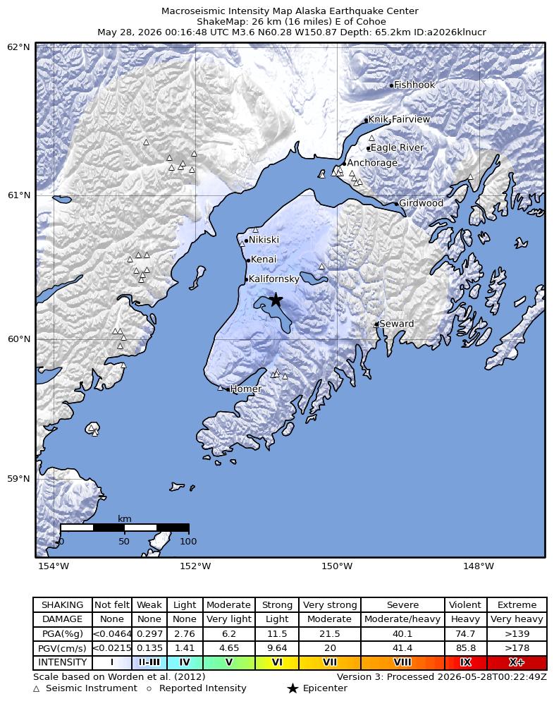 USGS ShakeMap intensity contours for the M3.6 earthquake near 23 km ESE of Kasilof, Alaska