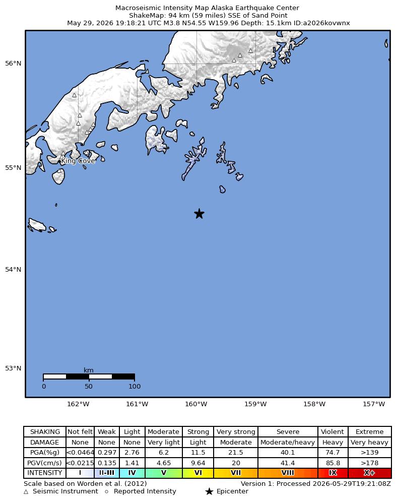 USGS ShakeMap intensity contours for the M3.2 earthquake near 98 km SSE of Sand Point, Alaska