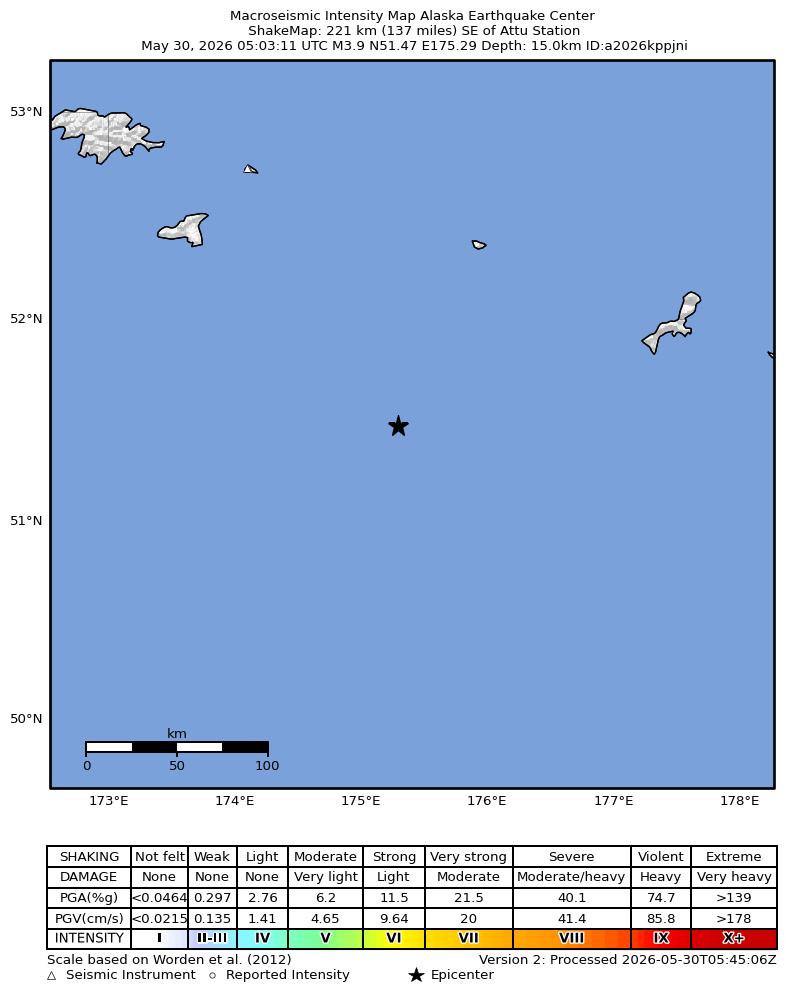 USGS ShakeMap intensity contours for the M3.7 earthquake near 219 km SE of Attu Station, Alaska