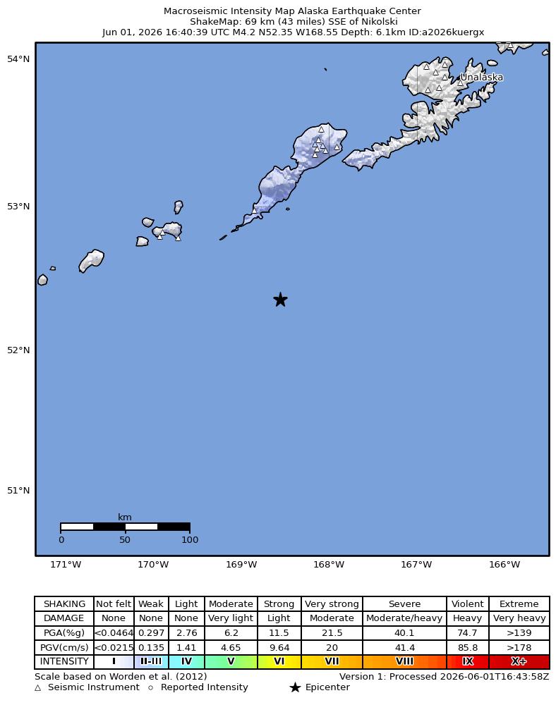 USGS ShakeMap intensity contours for the M4.4 earthquake near 52 km SSE of Nikolski, Alaska