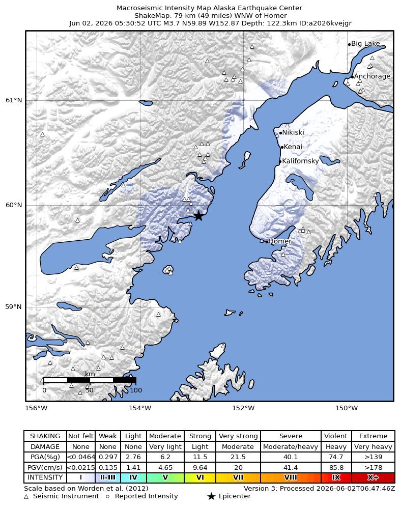 USGS ShakeMap intensity contours for the M3.7 earthquake near 59 km WNW of Anchor Point, Alaska
