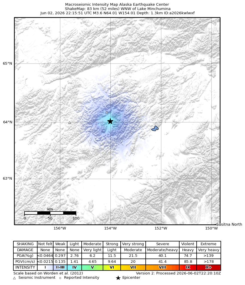 USGS ShakeMap intensity contours for the M3.6 earthquake near 84 km W of Lake Minchumina, Alaska