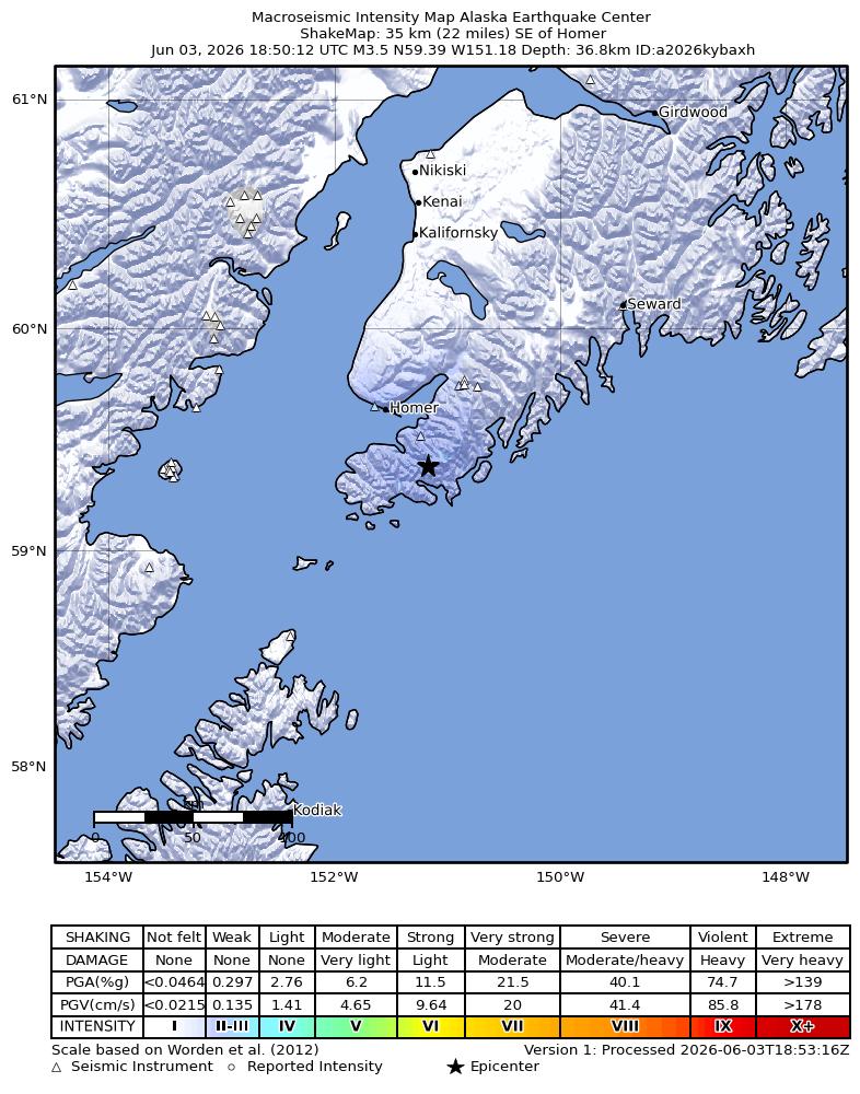 USGS ShakeMap intensity contours for the M3.4 earthquake near 22 km S of Halibut Cove, Alaska