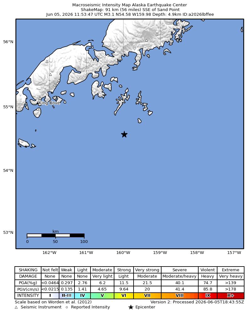 USGS ShakeMap intensity contours for the M3.1 earthquake near 90 km SSE of Sand Point, Alaska