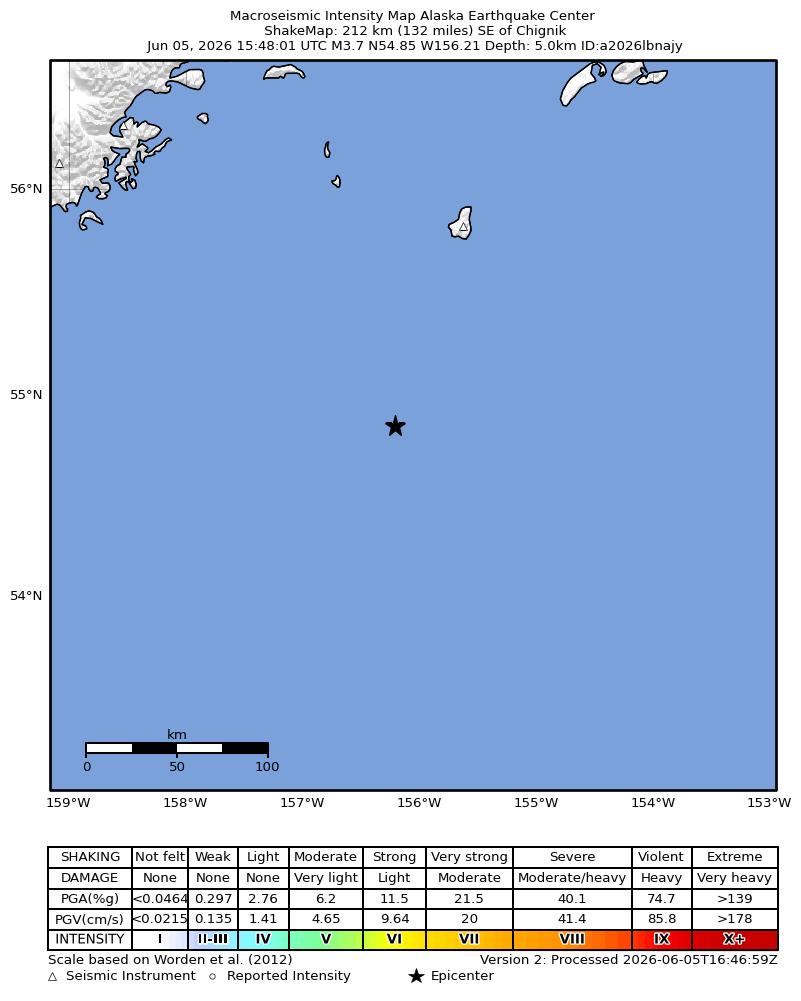 USGS ShakeMap intensity contours for the M3.7 earthquake near 212 km SE of Chignik, Alaska