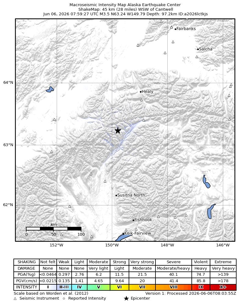 USGS ShakeMap intensity contours for the M3.1 earthquake near 46 km WSW of Cantwell, Alaska