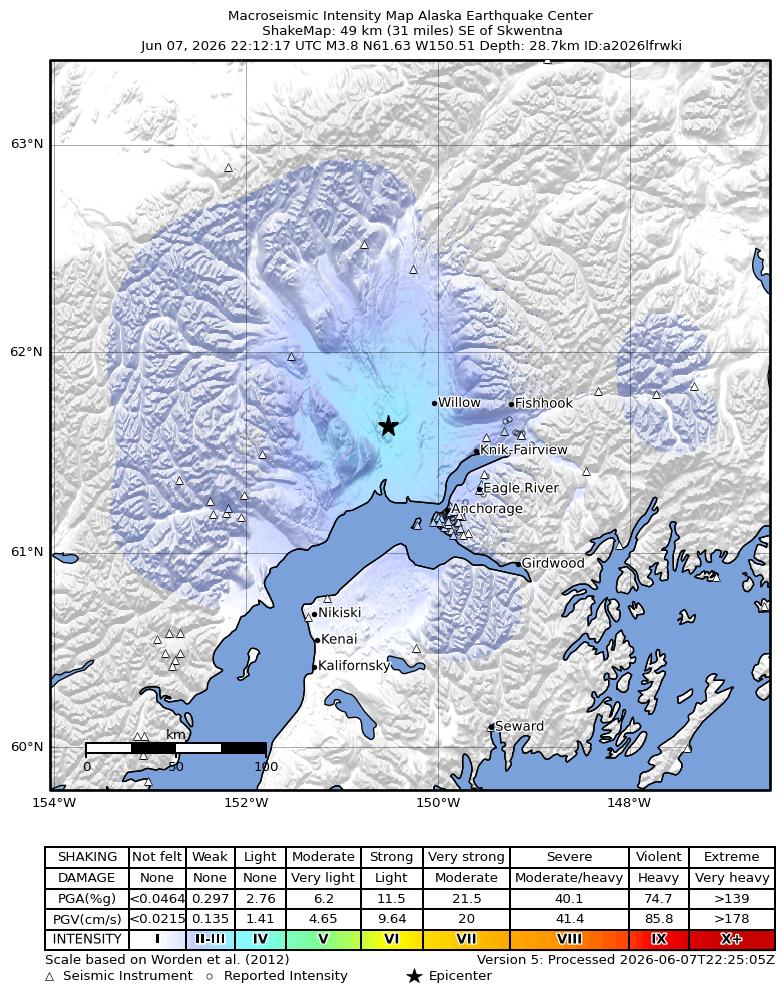 USGS ShakeMap intensity contours for the M3.8 earthquake near 10 km N of Susitna, Alaska
