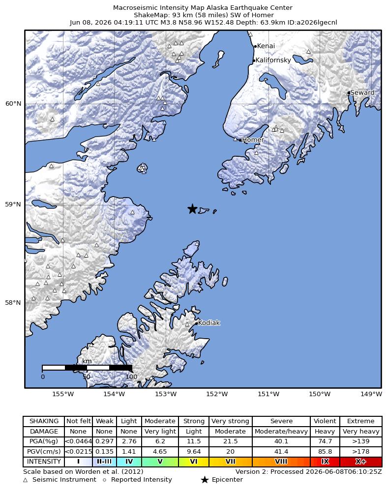 USGS ShakeMap intensity contours for the M3.8 earthquake near 54 km SW of Nanwalek, Alaska