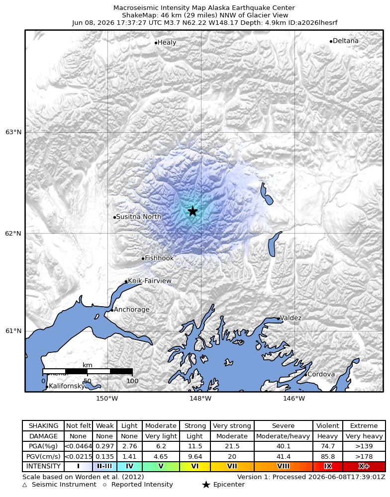 USGS ShakeMap intensity contours for the M3.7 earthquake near 49 km NNE of Chickaloon, Alaska