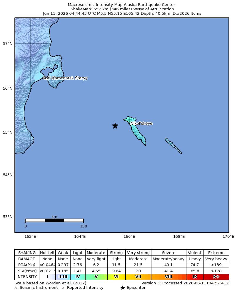 USGS ShakeMap intensity contours for the M5.0 earthquake near 212 km SE of Ust’-Kamchatsk Staryy, Russia