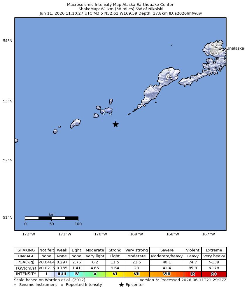 USGS ShakeMap intensity contours for the M3.5 earthquake near 60 km SW of Nikolski, Alaska