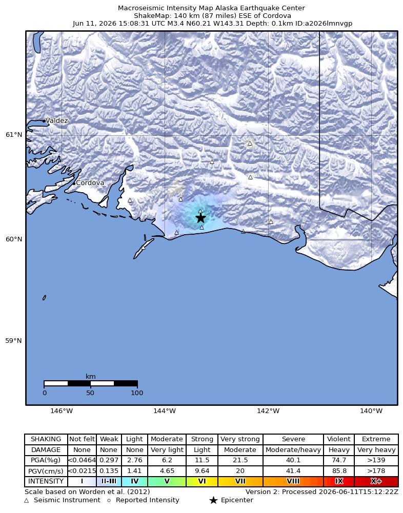 USGS ShakeMap intensity contours for the M3.4 earthquake near 137 km S of McCarthy, Alaska