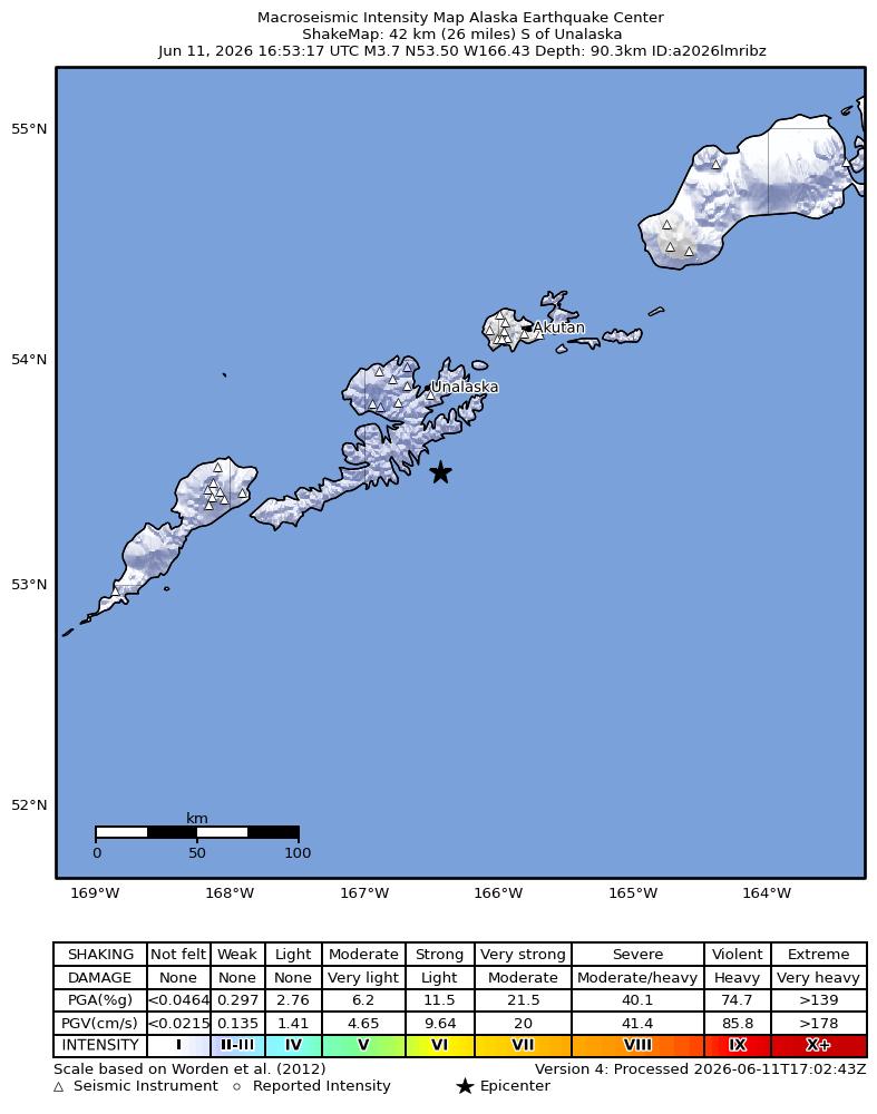 USGS ShakeMap intensity contours for the M3.7 earthquake near 41 km S of Unalaska, Alaska