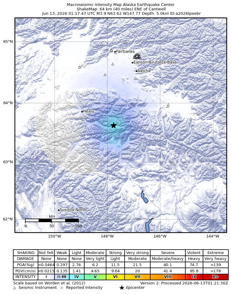 USGS ShakeMap intensity contours for the M3.9 earthquake near 57 km ESE of Denali Park, Alaska