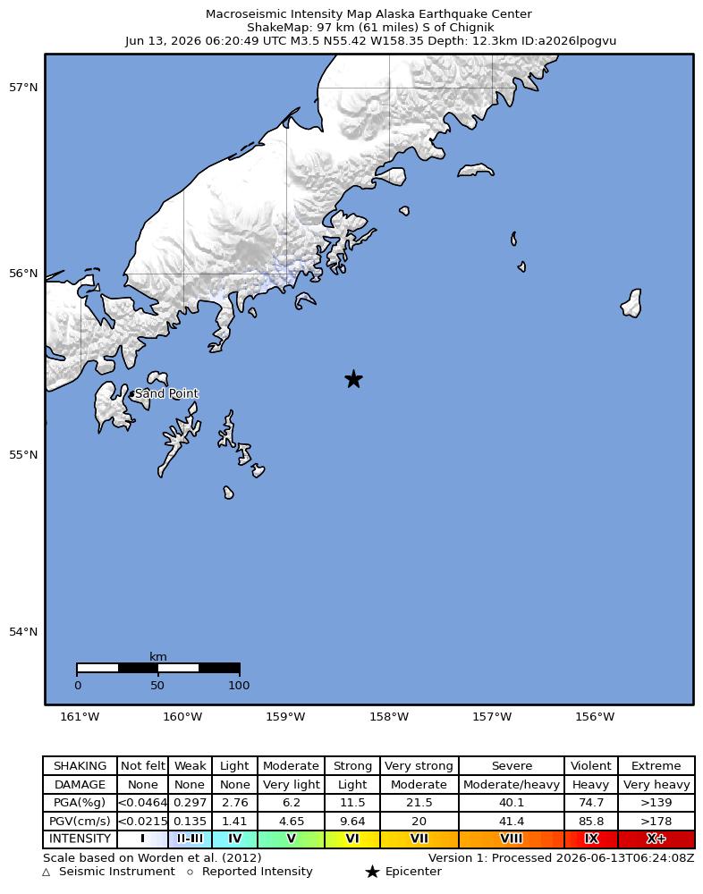 USGS ShakeMap intensity contours for the M3.5 earthquake near 74 km SE of Perryville, Alaska