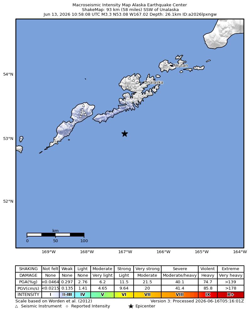 USGS ShakeMap intensity contours for the M3.3 earthquake near 94 km SSW of Unalaska, Alaska