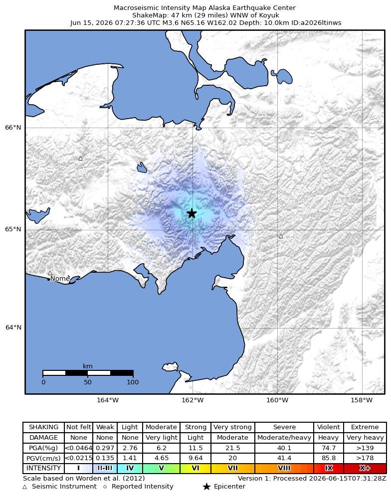 USGS ShakeMap intensity contours for the M3.6 earthquake near 48 km WNW of Koyuk, Alaska