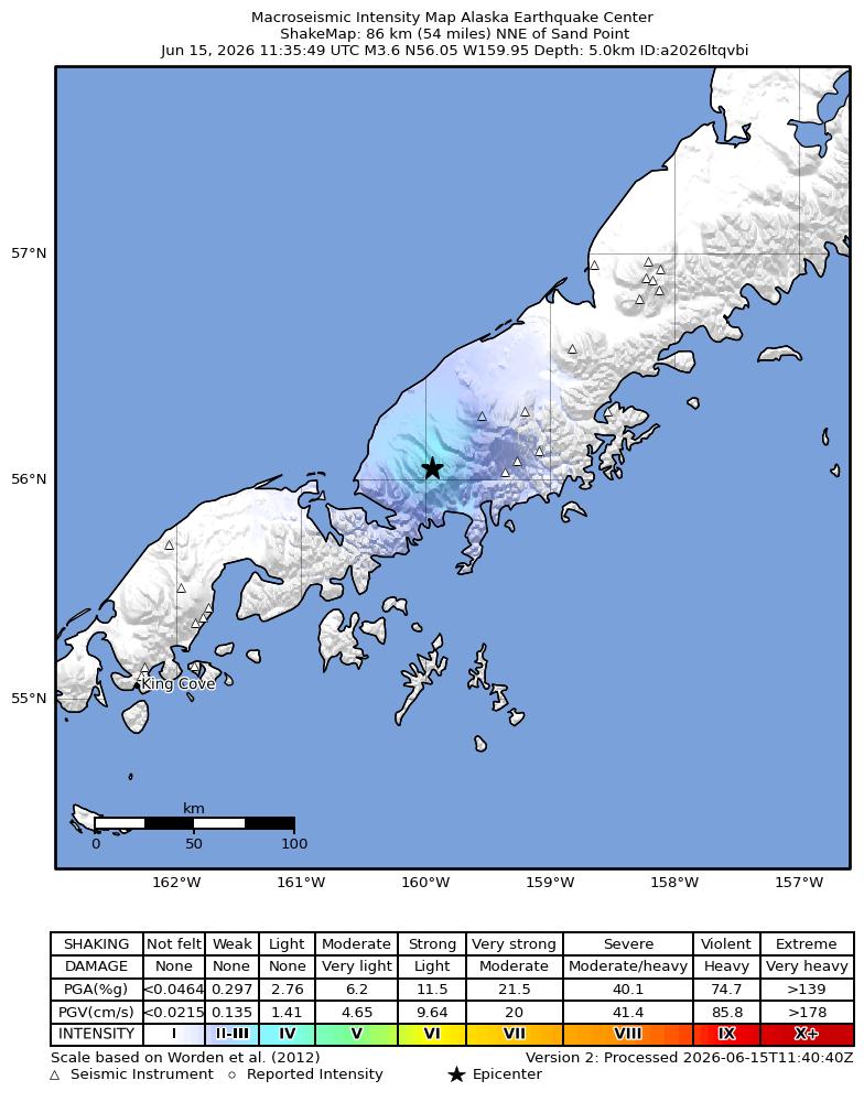 USGS ShakeMap intensity contours for the M3.6 earthquake near 33 km WNW of Ivanof Bay, Alaska