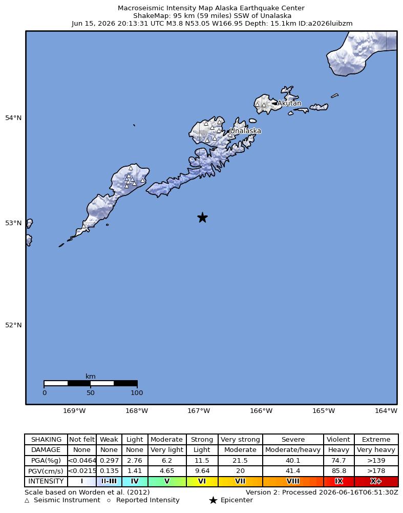 USGS ShakeMap intensity contours for the M3.8 earthquake near 95 km SSW of Unalaska, Alaska