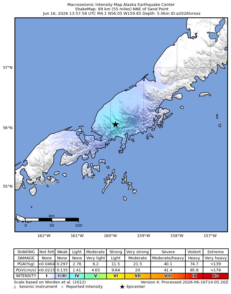 USGS ShakeMap intensity contours for the M4.1 earthquake near 28 km NW of Ivanof Bay, Alaska