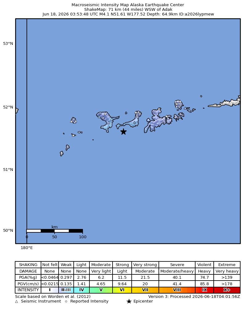 USGS ShakeMap intensity contours for the M3.7 earthquake near 64 km WSW of Adak, Alaska