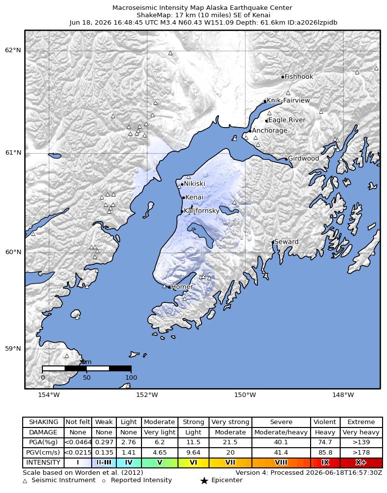 USGS ShakeMap intensity contours for the M3.4 earthquake near 6 km SSW of Soldotna, Alaska