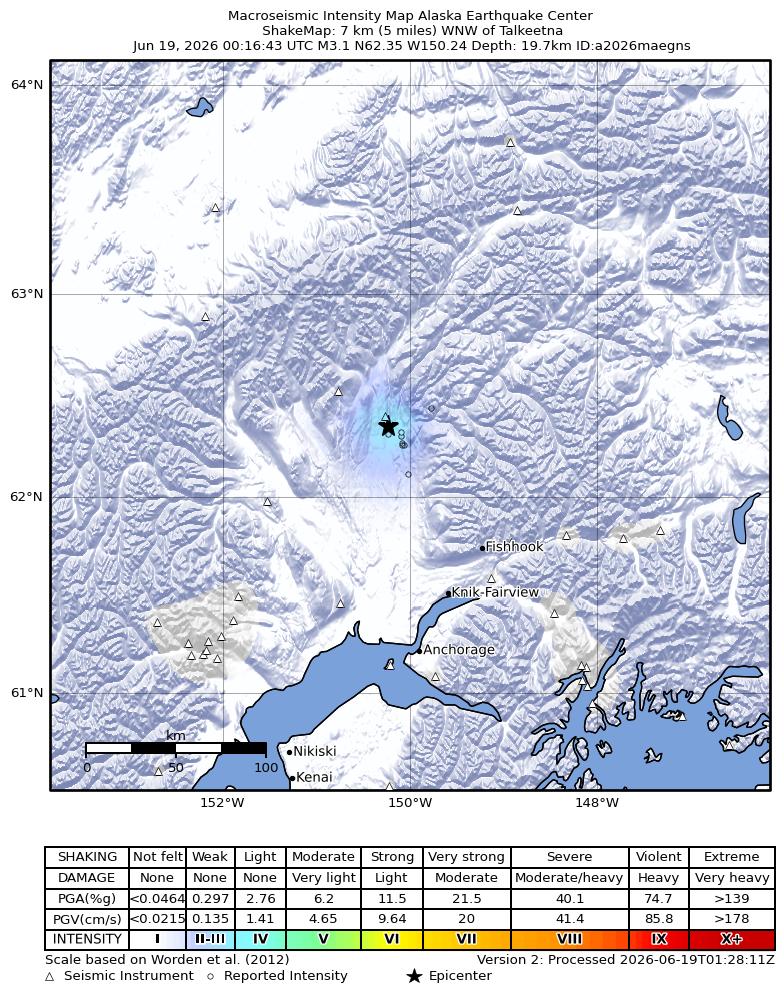 USGS ShakeMap intensity contours for the M3.4 earthquake near 2 km NE of Trapper Creek, Alaska