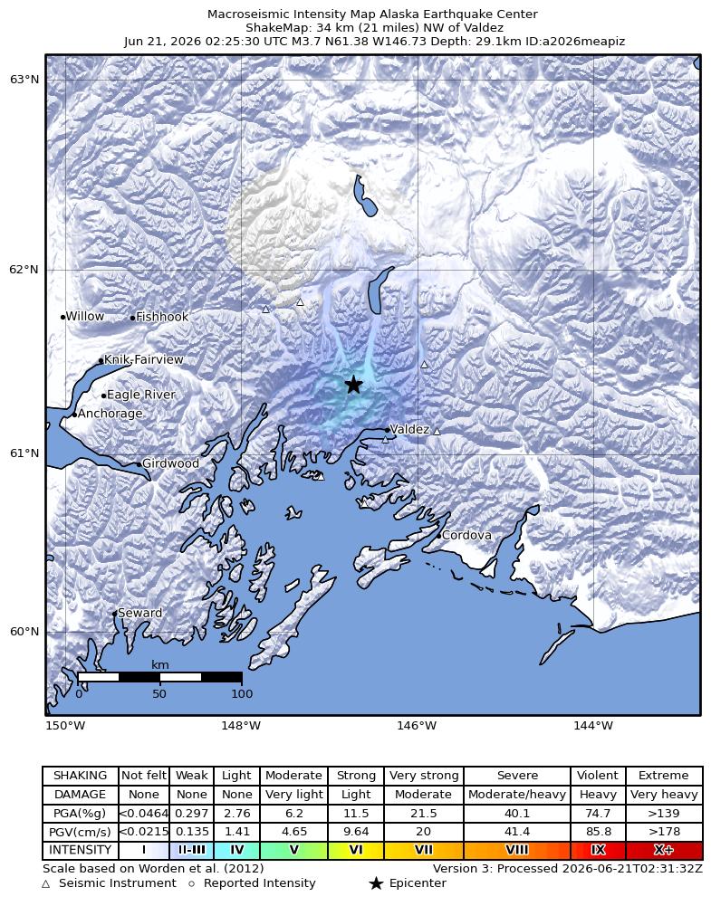 USGS ShakeMap intensity contours for the M3.7 earthquake near 34 km NW of Valdez, Alaska
