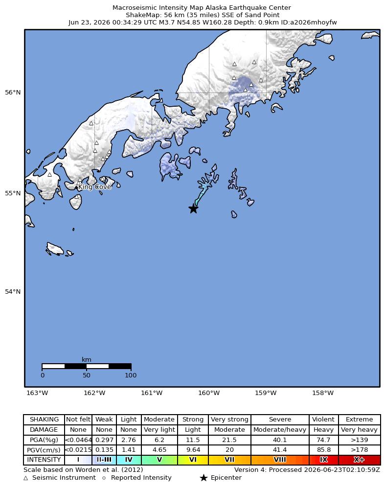 USGS ShakeMap intensity contours for the M3.9 earthquake near 45 km S of Sand Point, Alaska