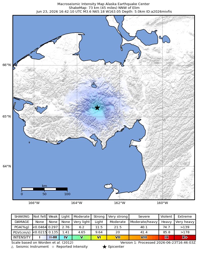 USGS ShakeMap intensity contours for the M3.4 earthquake near 57 km NNE of White Mountain, Alaska