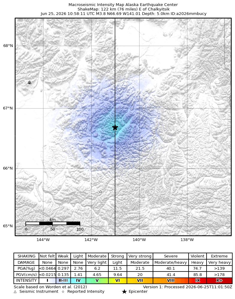 USGS ShakeMap intensity contours for the M4.0 earthquake near 133 km E of Chalkyitsik, Alaska