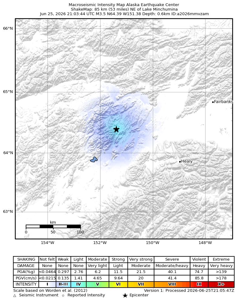 USGS ShakeMap intensity contours for the M3.5 earthquake near 72 km NE of Lake Minchumina, Alaska
