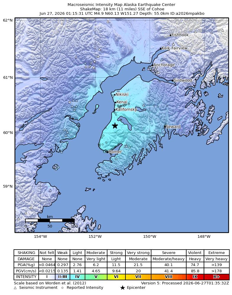 USGS ShakeMap intensity contours for the M4.9 earthquake near 13 km SSE of Clam Gulch, Alaska
