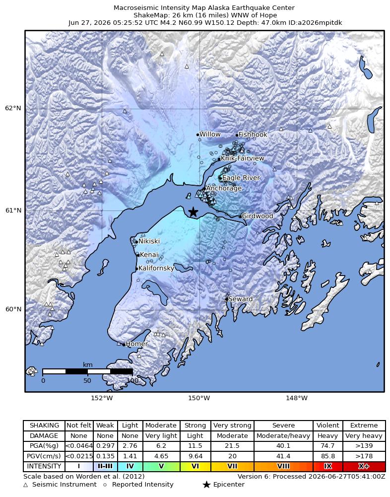 USGS ShakeMap intensity contours for the M4.2 earthquake near 27 km WNW of Hope, Alaska