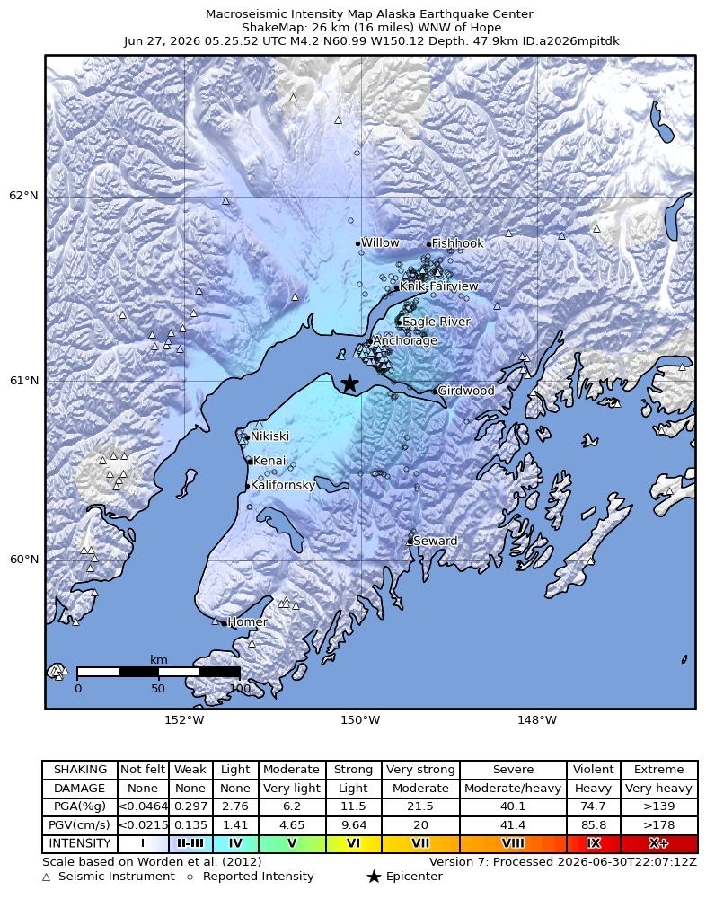 USGS ShakeMap intensity contours for the M4.2 earthquake near 27 km WNW of Hope, Alaska