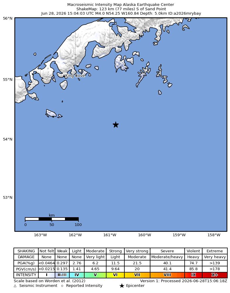 USGS ShakeMap intensity contours for the M3.6 earthquake near 128 km S of Sand Point, Alaska